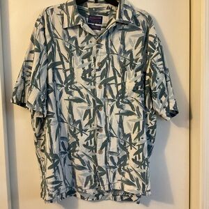 3. Pendleton Mens Bamboo Hawaiian White Blue Leaves Short Sleeve Shirt Size XL